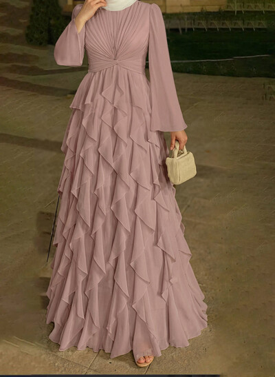 A-Line Scoop Neck Long Sleeves Floor-Length Chiffon Evening Dresses With Ruffle