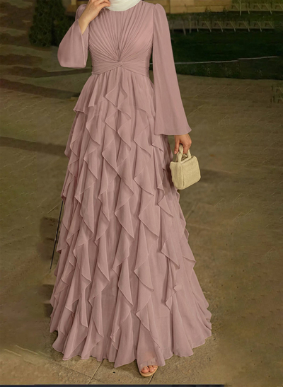 A-Line Scoop Neck Long Sleeves Floor-Length Chiffon Evening Dresses With Ruffle