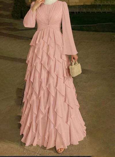 A-Line Scoop Neck Long Sleeves Floor-Length Chiffon Evening Dresses With Ruffle