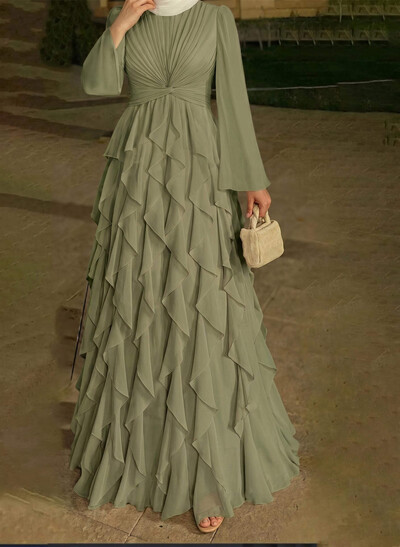 A-Line Scoop Neck Long Sleeves Floor-Length Chiffon Evening Dresses With Ruffle