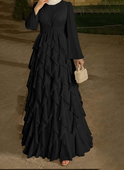 A-Line Scoop Neck Long Sleeves Floor-Length Chiffon Evening Dresses With Ruffle