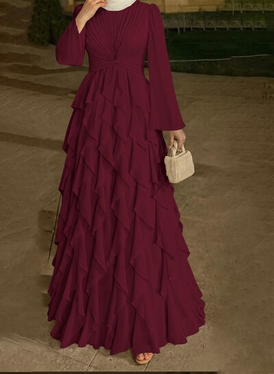 A-Line Scoop Neck Long Sleeves Floor-Length Chiffon Evening Dresses With Ruffle