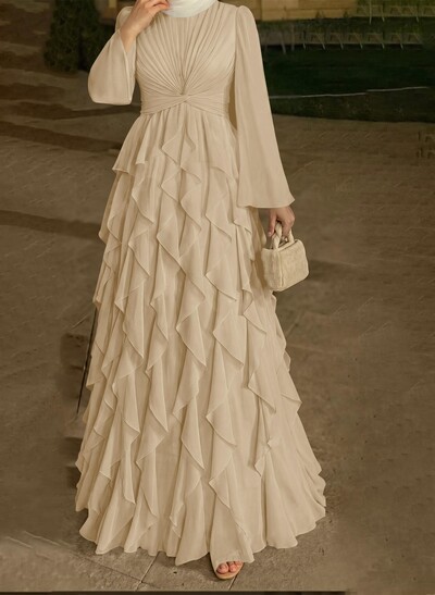 A-Line Scoop Neck Long Sleeves Floor-Length Chiffon Evening Dresses With Ruffle