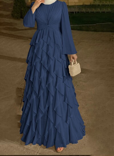 A-Line Scoop Neck Long Sleeves Floor-Length Chiffon Evening Dresses With Ruffle
