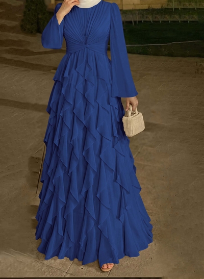 A-Line Scoop Neck Long Sleeves Floor-Length Chiffon Evening Dresses With Ruffle