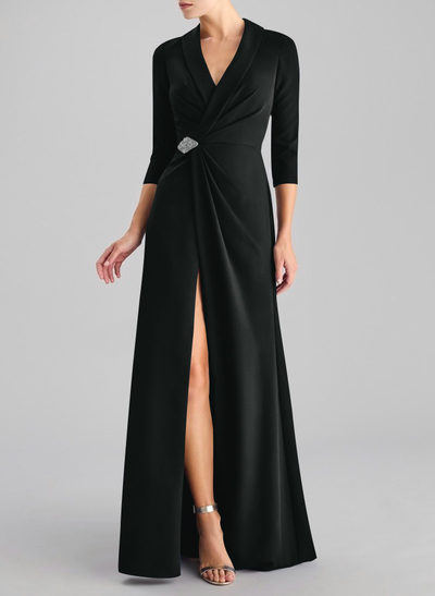 Sheath/Column V-Neck 3/4 Sleeves Floor-Length Elastic Satin Evening Dresses With Beading/High Split