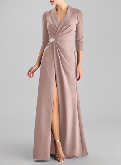 Sheath/Column V-Neck 3/4 Sleeves Floor-Length Elastic Satin Evening Dresses With Beading/High Split