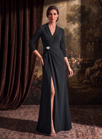 Sheath/Column V-Neck 3/4 Sleeves Floor-Length Elastic Satin Evening Dresses With Beading/High Split
