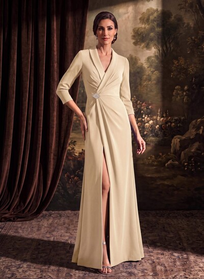Sheath/Column V-Neck 3/4 Sleeves Floor-Length Elastic Satin Evening Dresses With Beading/High Split