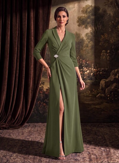 Sheath/Column V-Neck 3/4 Sleeves Floor-Length Elastic Satin Evening Dresses With Beading/High Split