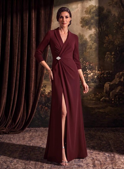 Sheath/Column V-Neck 3/4 Sleeves Floor-Length Elastic Satin Evening Dresses With Beading/High Split