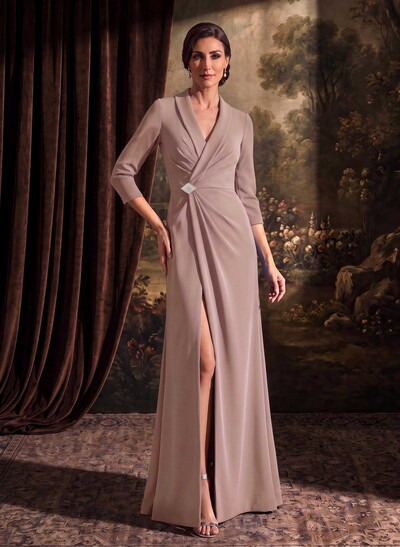 Sheath/Column V-Neck 3/4 Sleeves Floor-Length Elastic Satin Evening Dresses With Beading/High Split