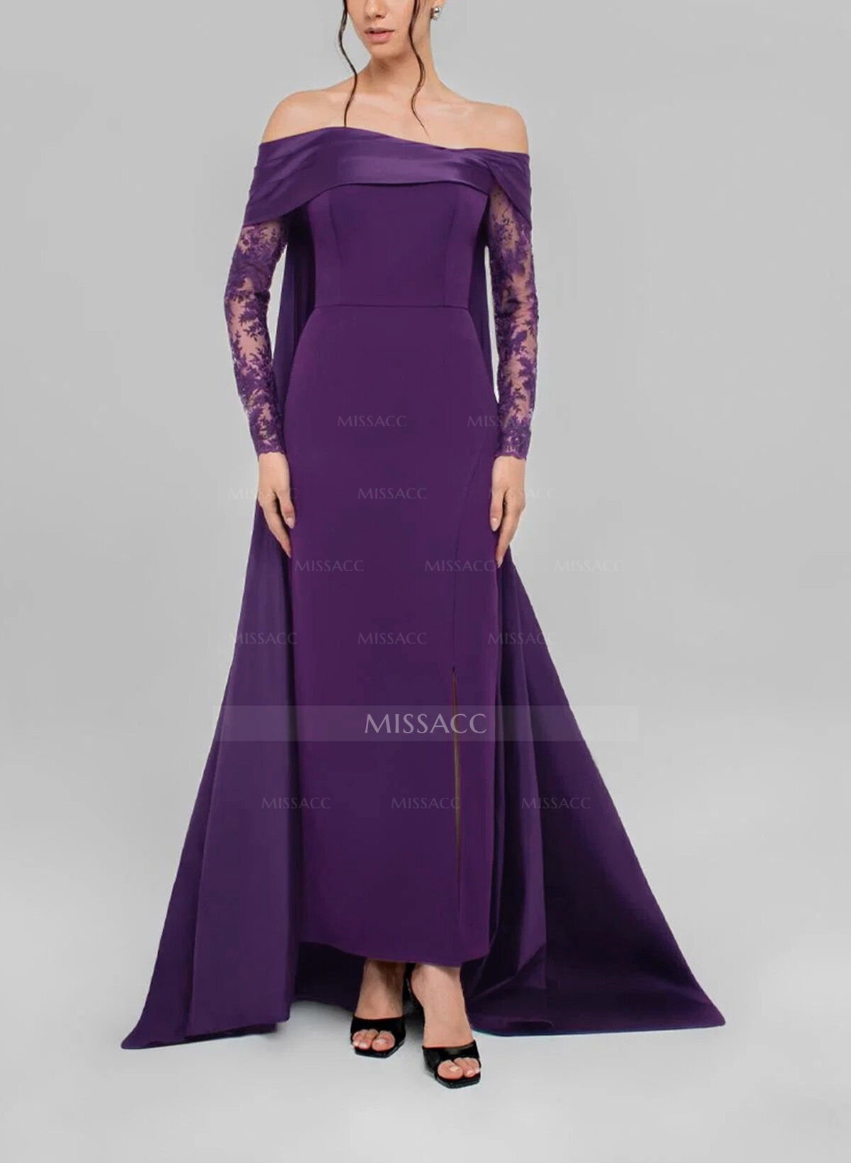 Sheath/Column Off-The-Shoulder Long Sleeves Detachable Satin/Elastic Satin Evening Dresses With Lace