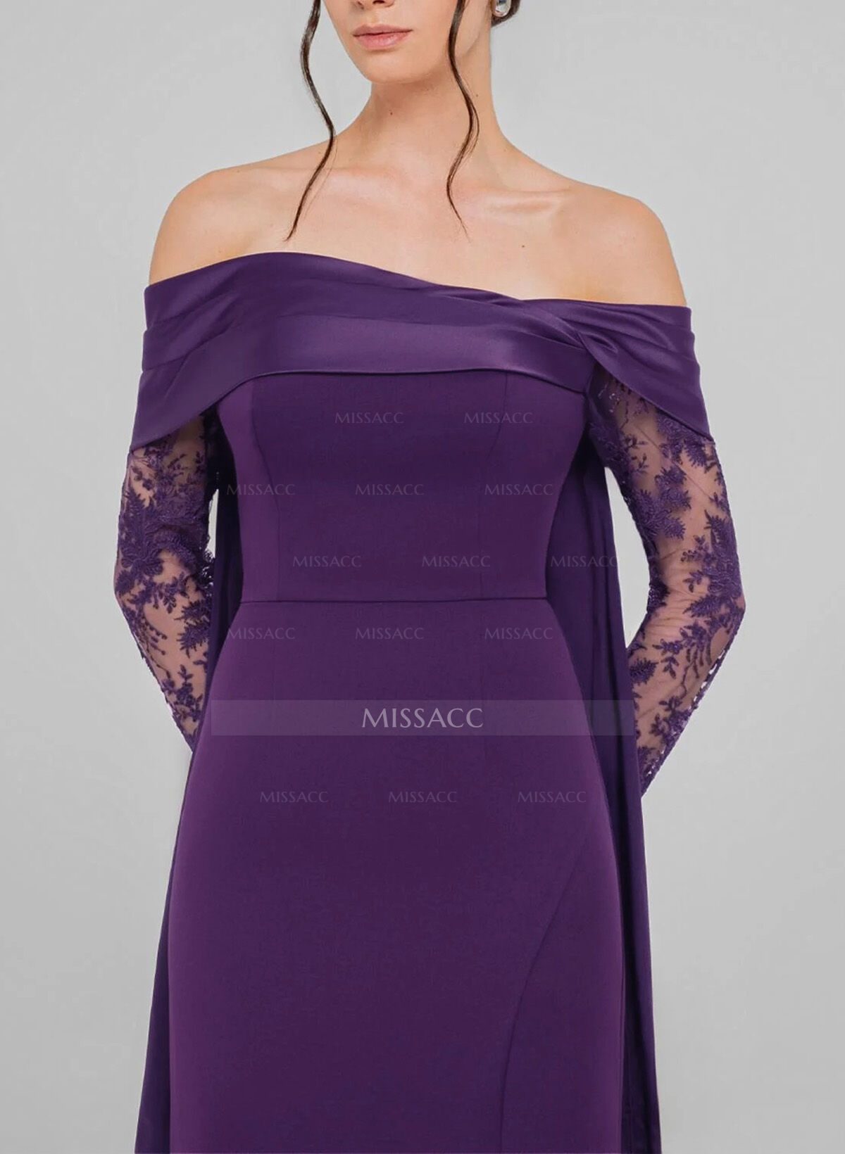 Sheath/Column Off-The-Shoulder Long Sleeves Detachable Satin/Elastic Satin Evening Dresses With Lace