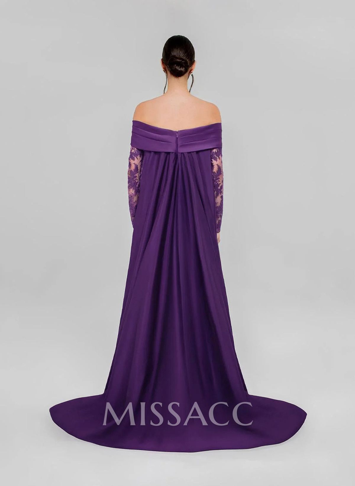 Sheath/Column Off-The-Shoulder Long Sleeves Detachable Satin/Elastic Satin Evening Dresses With Lace