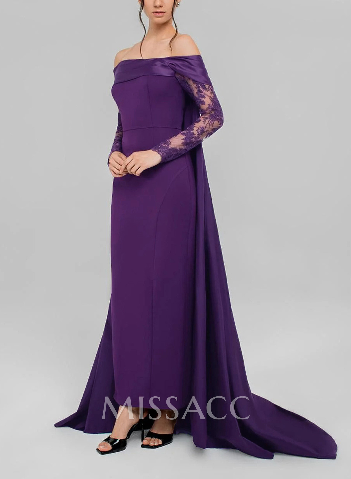 Sheath/Column Off-The-Shoulder Long Sleeves Detachable Satin/Elastic Satin Evening Dresses With Lace