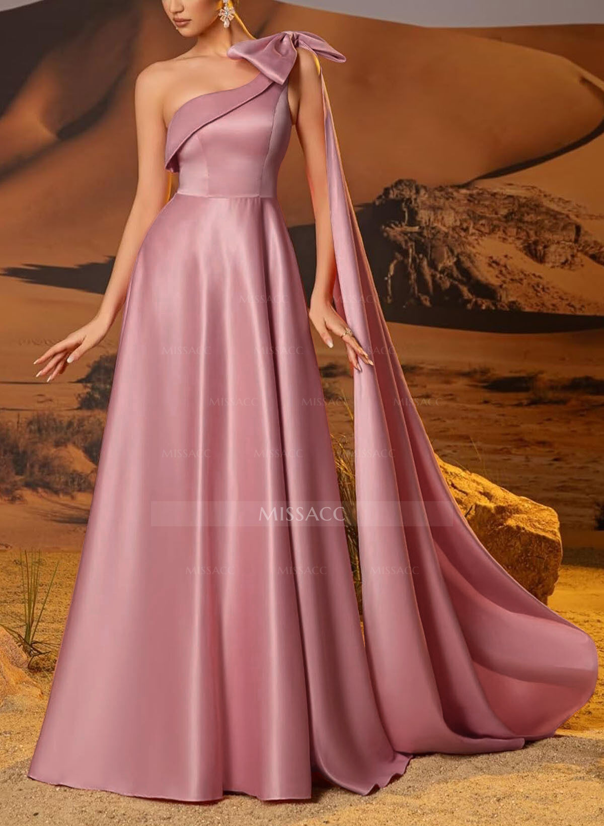 A-Line One-Shoulder Sleeveless Floor-Length Satin Evening Dresses With Bow(s)/Sweeping Side Drape