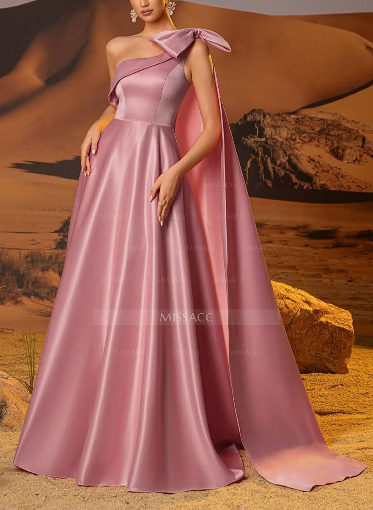 A-Line One-Shoulder Sleeveless Floor-Length Satin Evening Dresses With Bow(s)/Sweeping Side Drape