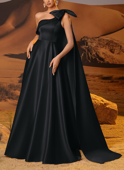 A-Line One-Shoulder Sleeveless Floor-Length Satin Evening Dresses With Bow(s)/Sweeping Side Drape