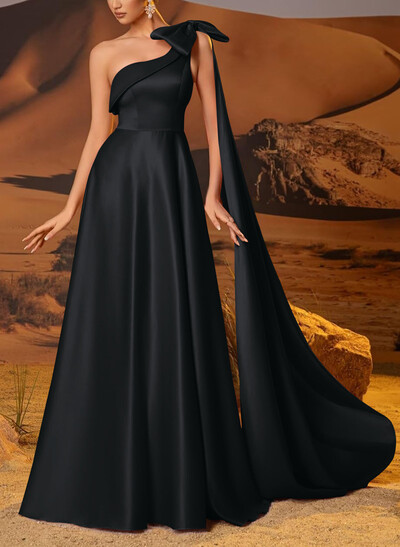 A-Line One-Shoulder Sleeveless Floor-Length Satin Evening Dresses With Bow(s)/Sweeping Side Drape