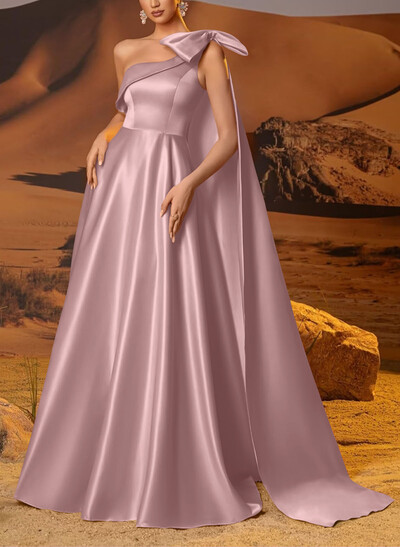 A-Line One-Shoulder Sleeveless Floor-Length Satin Evening Dresses With Bow(s)/Sweeping Side Drape