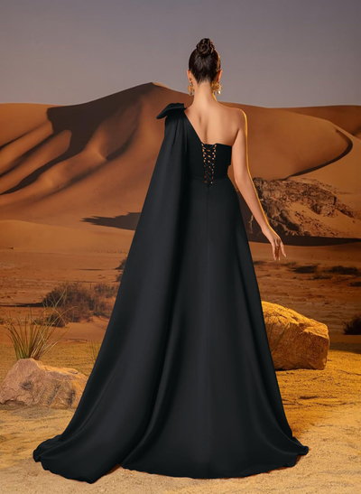 A-Line One-Shoulder Sleeveless Floor-Length Satin Evening Dresses With Bow(s)/Sweeping Side Drape