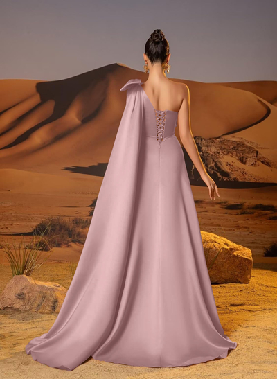 A-Line One-Shoulder Sleeveless Floor-Length Satin Evening Dresses With Bow(s)/Sweeping Side Drape
