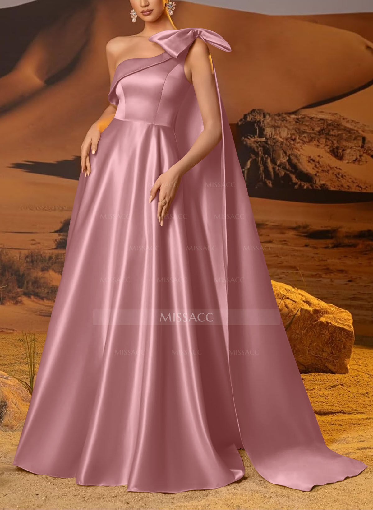 A-Line One-Shoulder Sleeveless Floor-Length Satin Evening Dresses With Bow(s)/Sweeping Side Drape