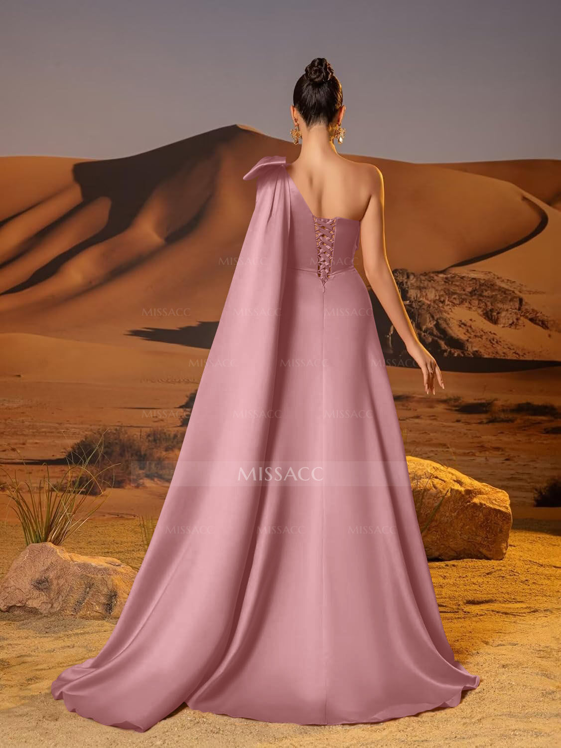 A-Line One-Shoulder Sleeveless Floor-Length Satin Evening Dresses With Bow(s)/Sweeping Side Drape