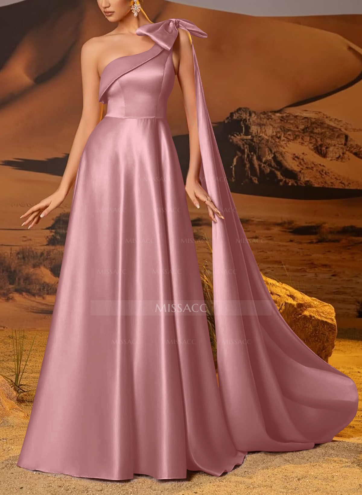 A-Line One-Shoulder Sleeveless Floor-Length Satin Evening Dresses With Bow(s)/Sweeping Side Drape