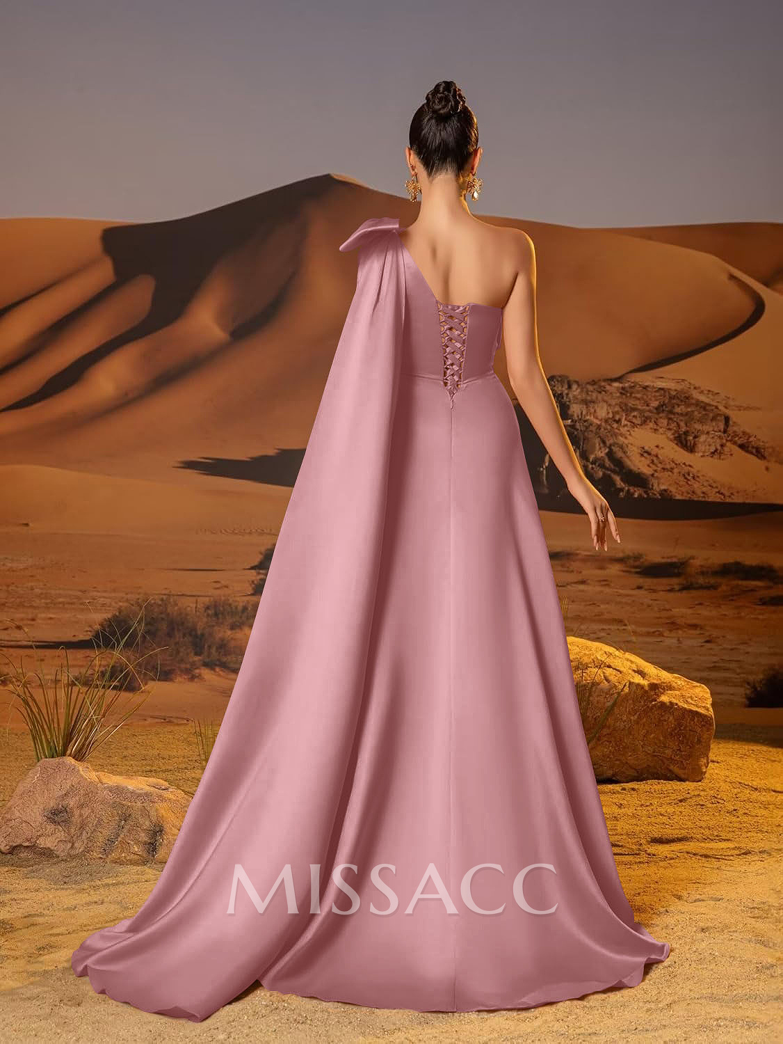 A-Line One-Shoulder Sleeveless Floor-Length Satin Evening Dresses With Bow(s)/Sweeping Side Drape A-Line One-Shoulder Sleeveless Floor-Length Satin Evening Dresses With Bow(s)/Sweeping Side Drape