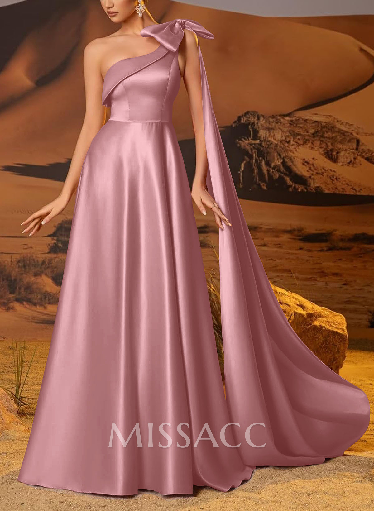 A-Line One-Shoulder Sleeveless Floor-Length Satin Evening Dresses With Bow(s)/Sweeping Side Drape A-Line One-Shoulder Sleeveless Floor-Length Satin Evening Dresses With Bow(s)/Sweeping Side Drape
