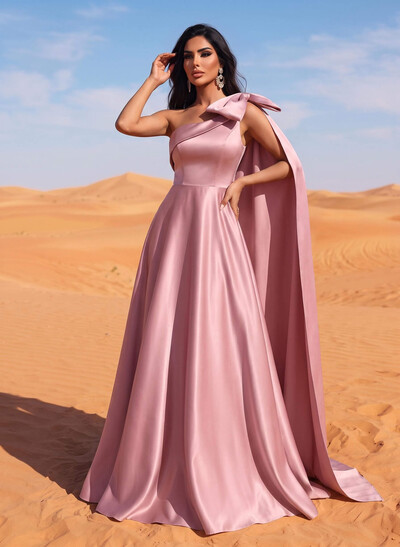 A-Line One-Shoulder Sleeveless Floor-Length Satin Evening Dresses With Bow(s)/Sweeping Side Drape