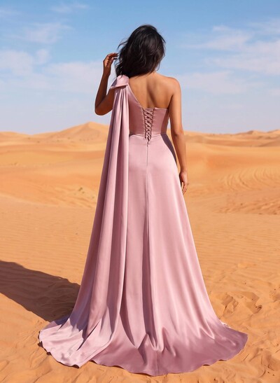A-Line One-Shoulder Sleeveless Floor-Length Satin Evening Dresses With Bow(s)/Sweeping Side Drape