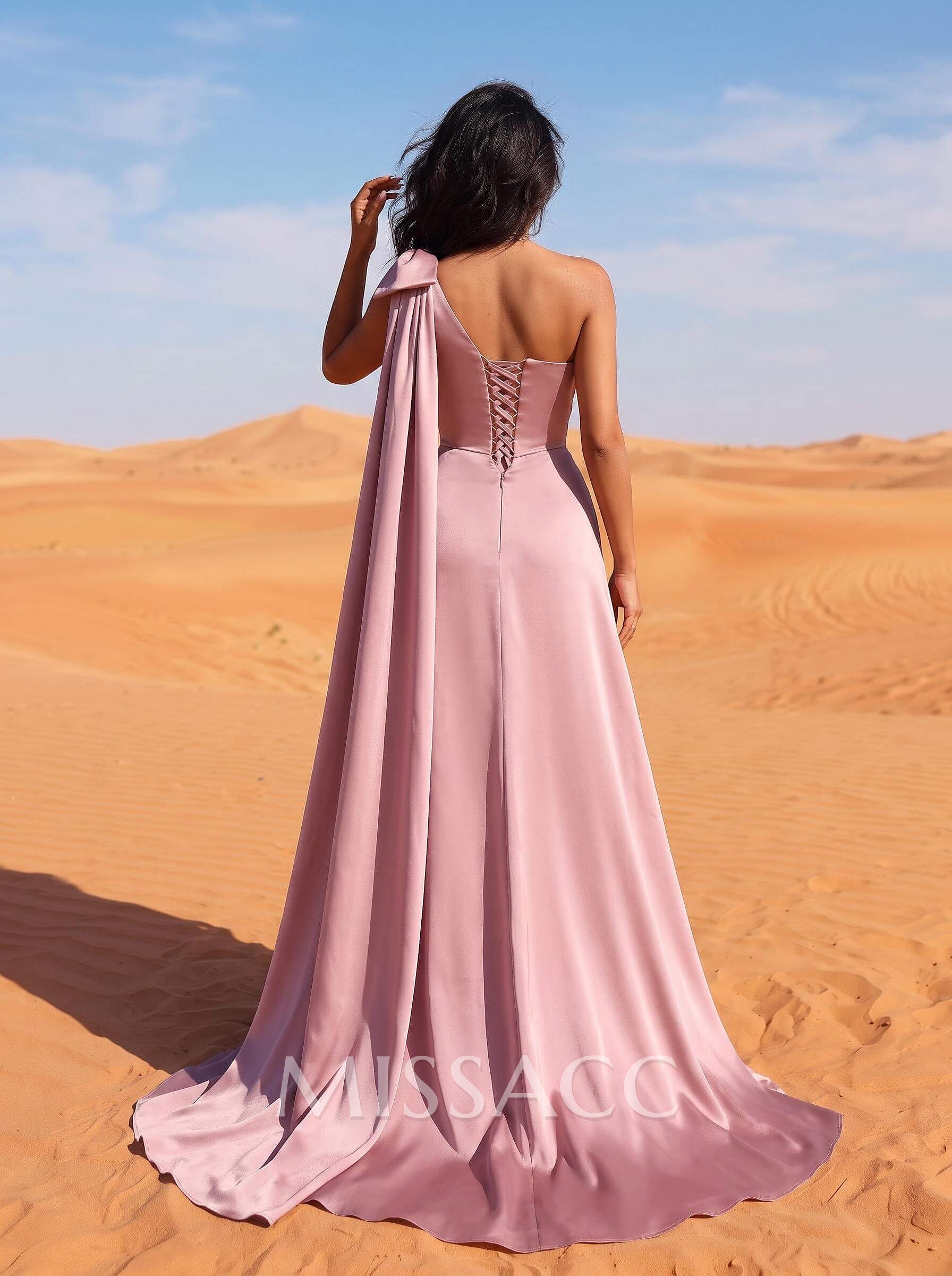 A-Line One-Shoulder Sleeveless Floor-Length Satin Evening Dresses With Bow(s)/Sweeping Side Drape