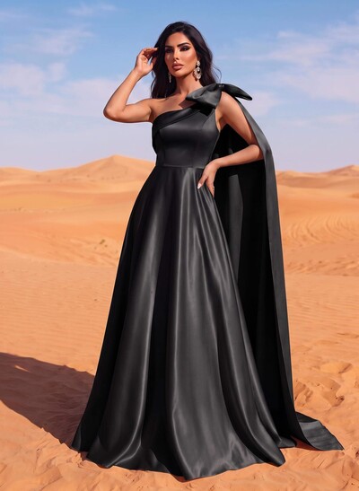 A-Line One-Shoulder Sleeveless Floor-Length Satin Evening Dresses With Bow(s)/Sweeping Side Drape
