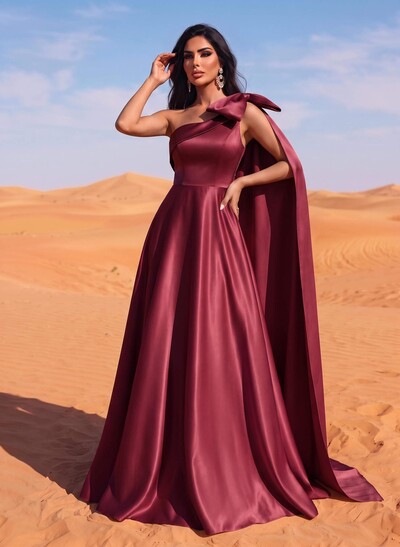 A-Line One-Shoulder Sleeveless Floor-Length Satin Evening Dresses With Bow(s)/Sweeping Side Drape
