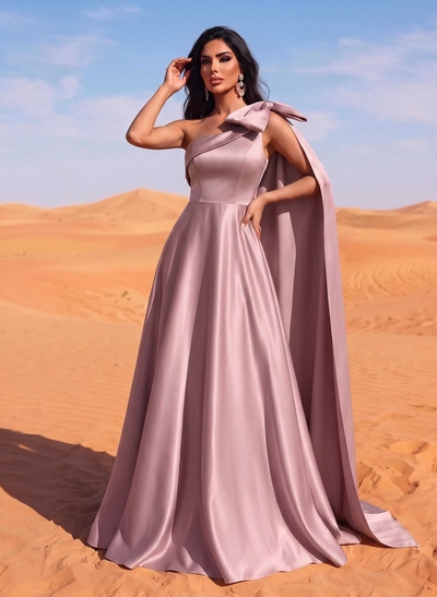 A-Line One-Shoulder Sleeveless Floor-Length Satin Evening Dresses With Bow(s)/Sweeping Side Drape