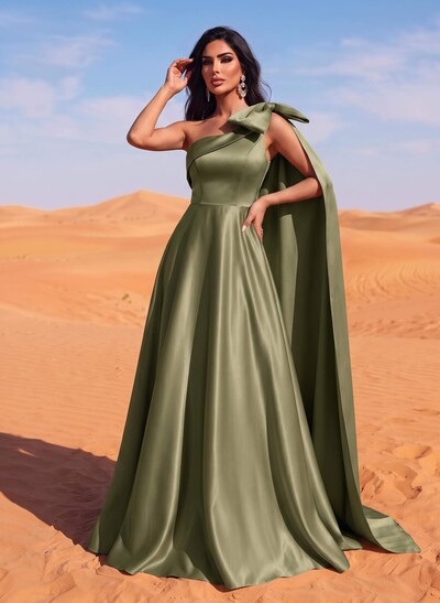 A-Line One-Shoulder Sleeveless Floor-Length Satin Evening Dresses With Bow(s)/Sweeping Side Drape
