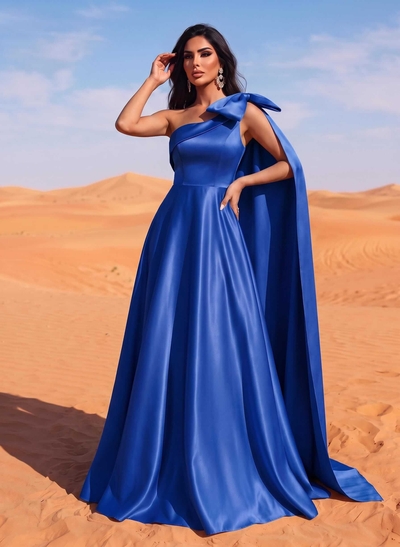 A-Line One-Shoulder Sleeveless Floor-Length Satin Evening Dresses With Bow(s)/Sweeping Side Drape
