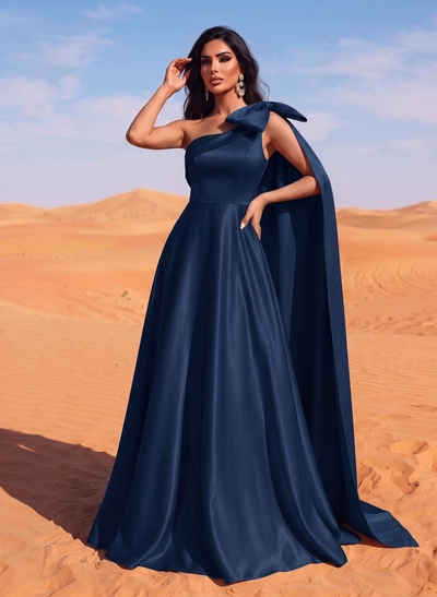 A-Line One-Shoulder Sleeveless Floor-Length Satin Evening Dresses With Bow(s)/Sweeping Side Drape