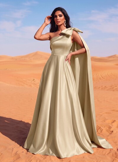 A-Line One-Shoulder Sleeveless Floor-Length Satin Evening Dresses With Bow(s)/Sweeping Side Drape