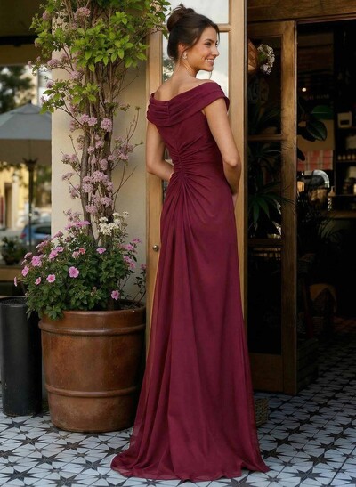 Elegant Off-The-Shoulder Sleeveless Sweep Train Chiffon Evening Dresses With High Split