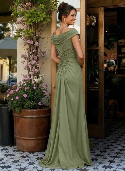 Elegant Off-The-Shoulder Sleeveless Sweep Train Chiffon Evening Dresses With High Split