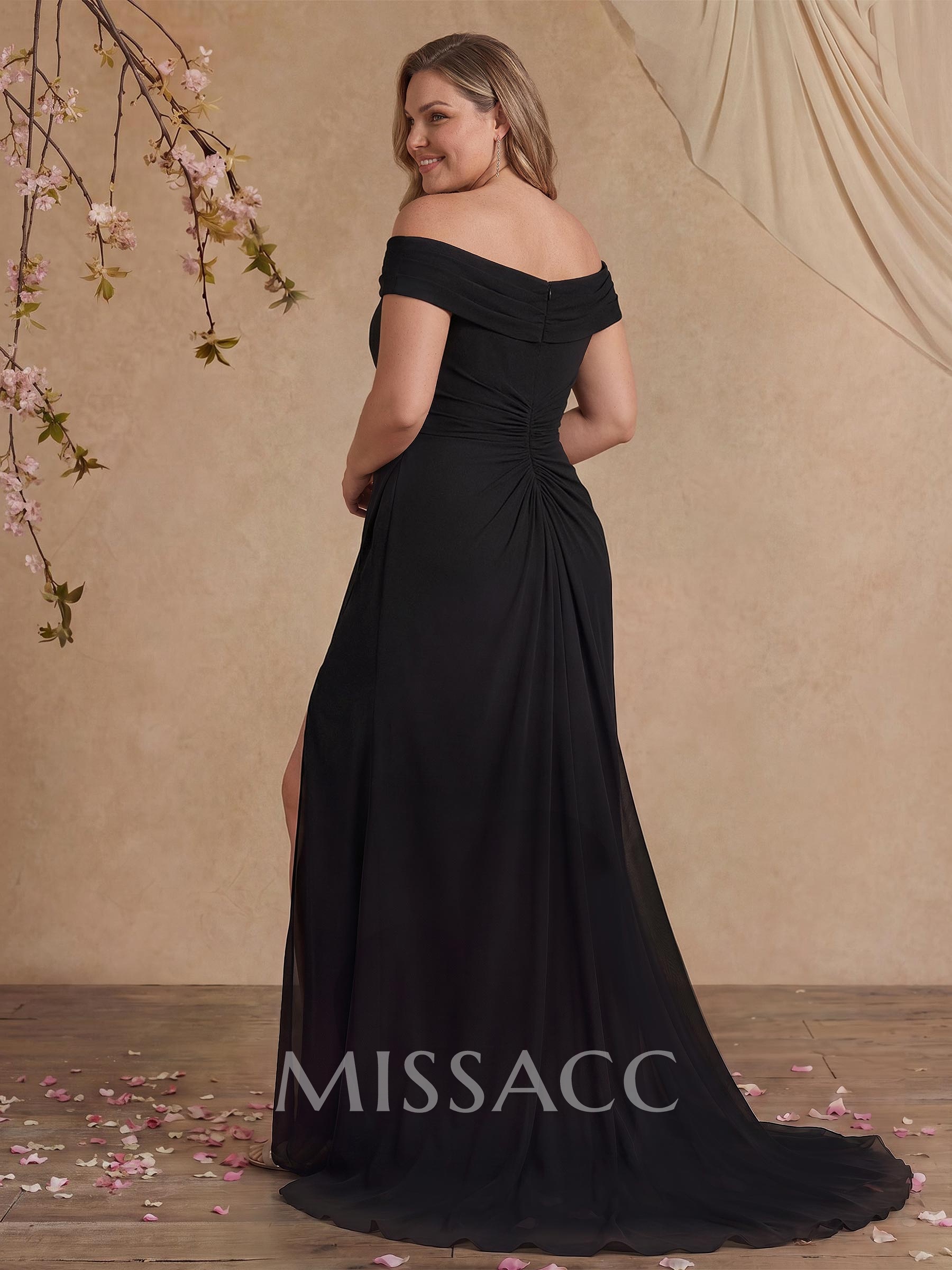 Elegant Off-The-Shoulder Sleeveless Sweep Train Chiffon Evening Dresses With High Split Elegant Off-The-Shoulder Sleeveless Sweep Train Chiffon Evening Dresses With High Split