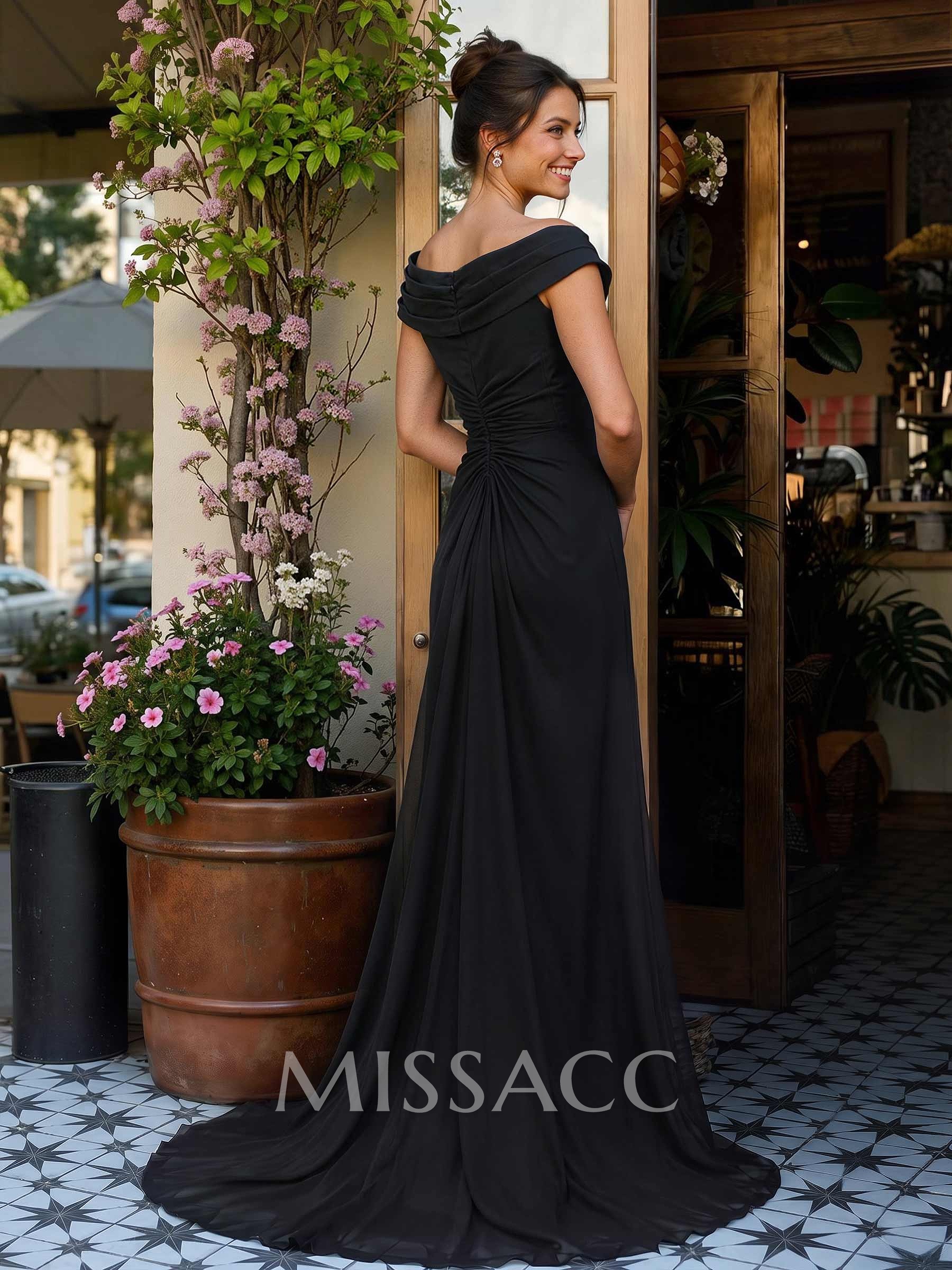 Elegant Off-The-Shoulder Sleeveless Sweep Train Chiffon Evening Dresses With High Split Elegant Off-The-Shoulder Sleeveless Sweep Train Chiffon Evening Dresses With High Split