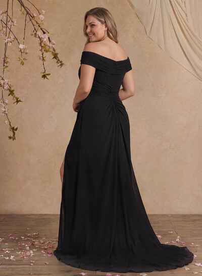 Elegant Off-The-Shoulder Sleeveless Sweep Train Chiffon Evening Dresses With High Split