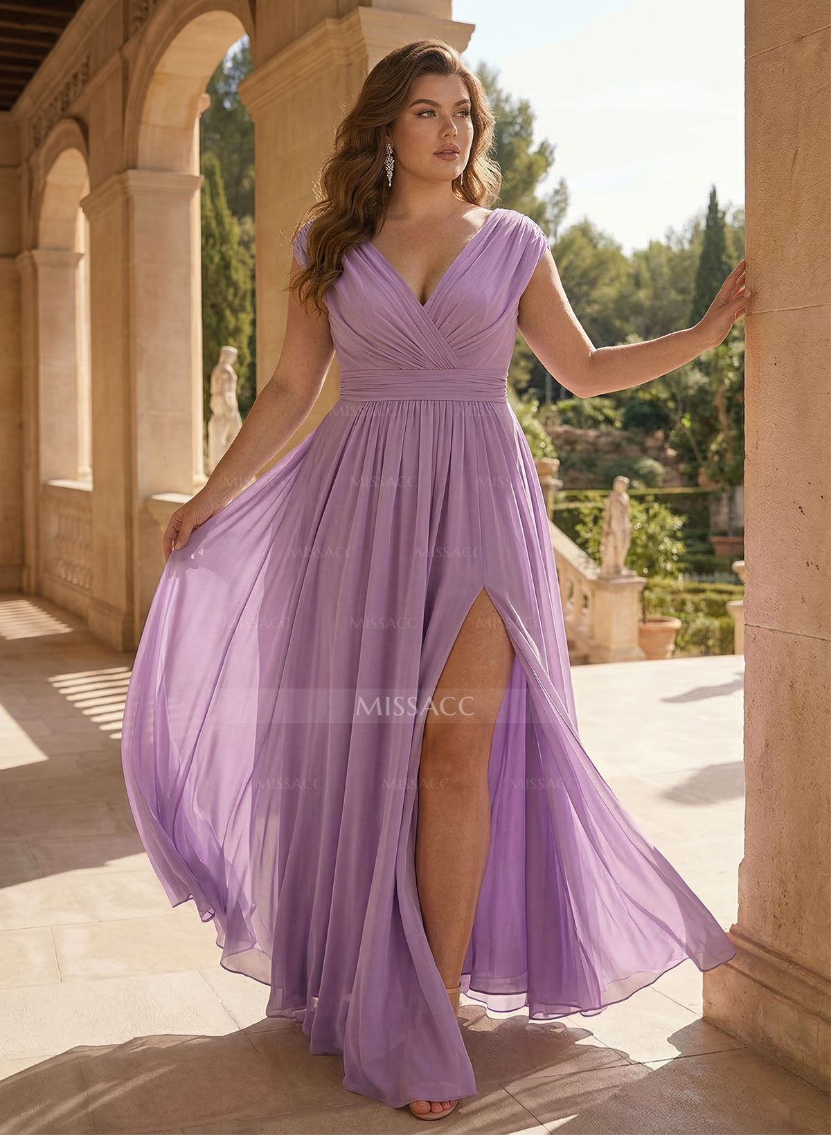 A-Line V-Neck Sleeveless Floor-Length Chiffon Mother Of The Bride Dresses With Split Front Pleated