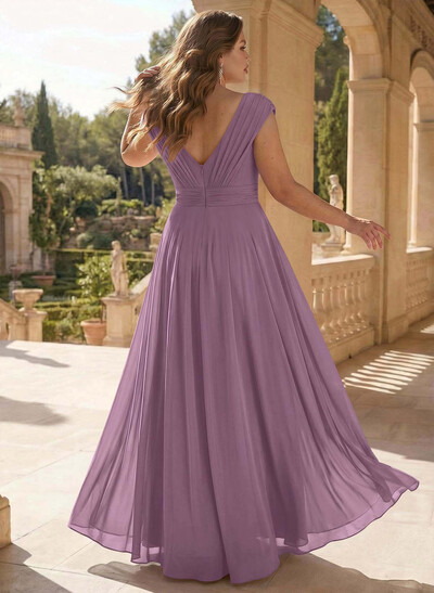 A-Line V-Neck Sleeveless Floor-Length Chiffon Evening Dresses With Split Front Pleated