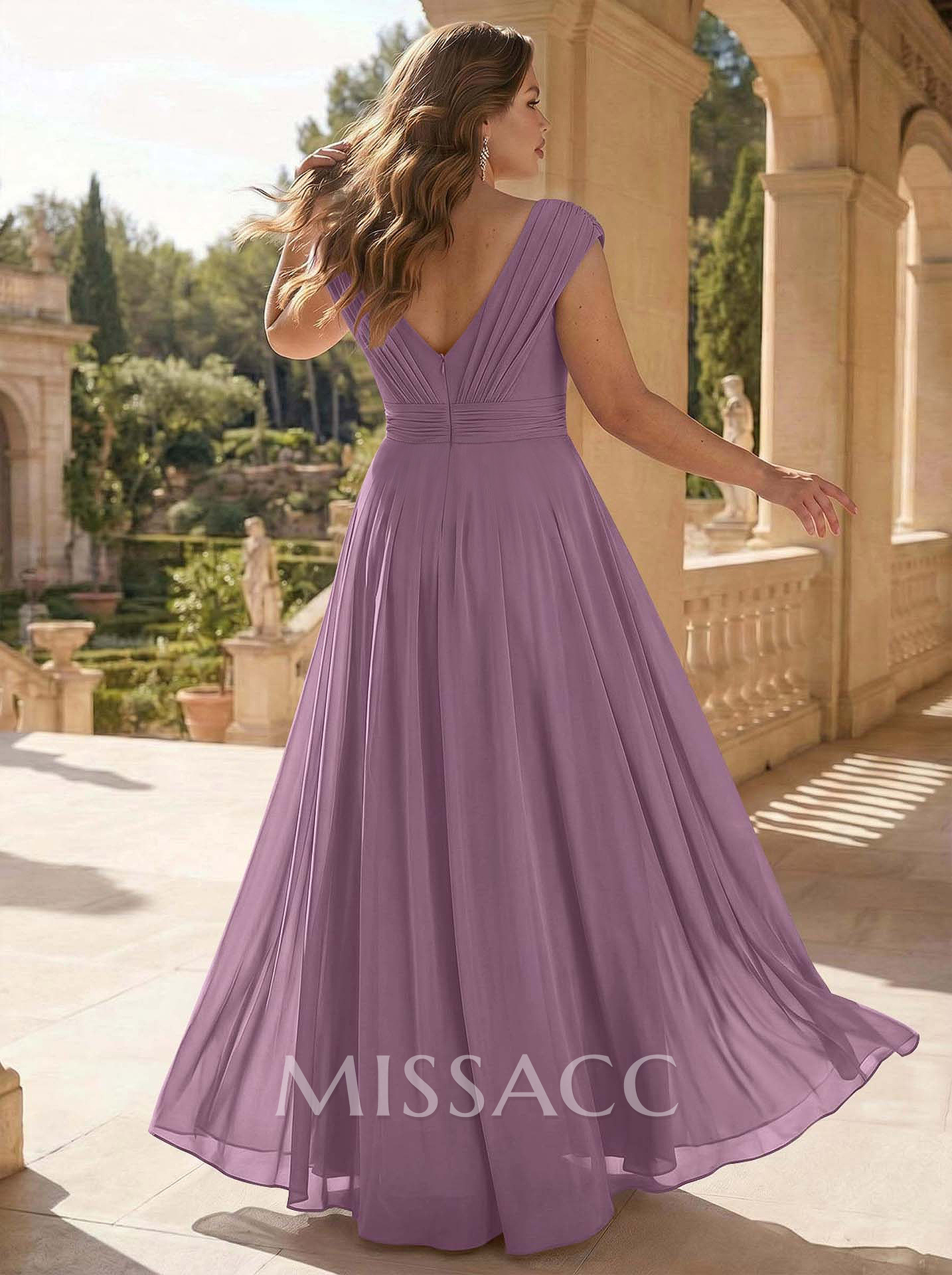 A-Line V-Neck Sleeveless Floor-Length Chiffon Evening Dresses With Split Front Pleated